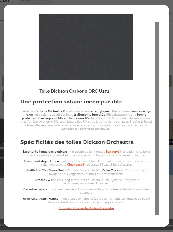Description de la toile Dickson Carbone sur le configurateur Exemple de description de la toile Carbone U171