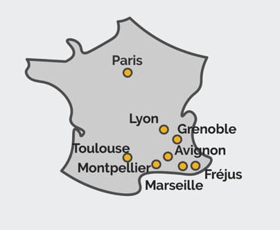 Carte de la France avec 9 magasins 9 magasins en France