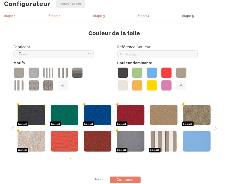 Etape 4 configurateur en ligne - Choix de la toile Choix de toiles de store sur le configurateur en ligne