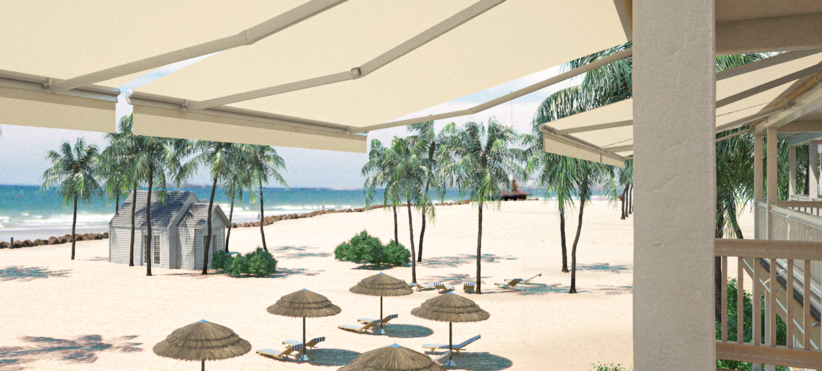 Coût d'un store banne - Budget et options Maison de plage moderne avec des stores bannes installés