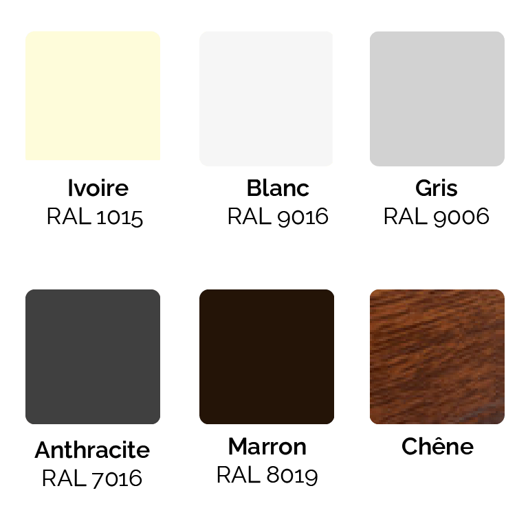 Coloris pour les volets roulants solaire avec moustiquaire Coloris pour volets roulants solaire avec moustiquaire : Ivoire, blanc, gris, anthracite, marron et chêne
