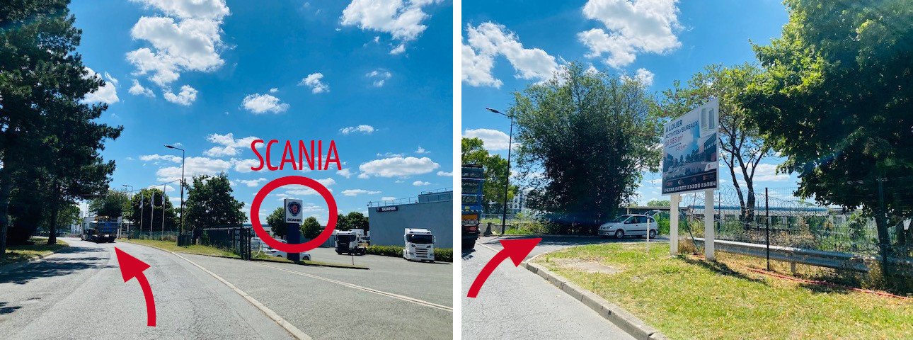 Passez devant l'entrée de "Scania" en la laissant sur votre droite. Poursuivez jusqu'à la première à droite Directions accés usine Qualivolet
