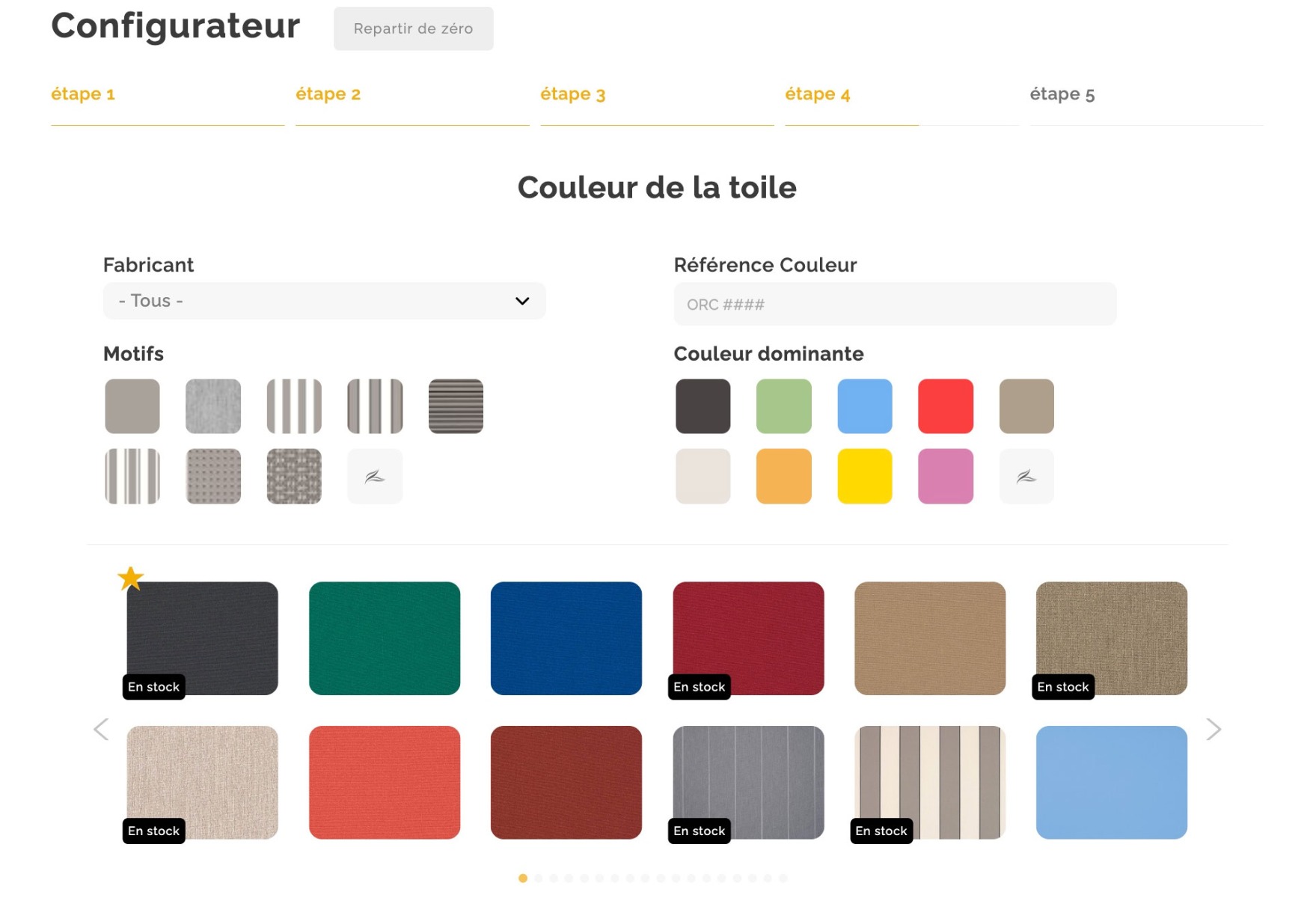 Personnalisation esthétique : Utilisez le configurateur de couleurs pour toile et choisissez la teinte idéale pour votre store sur mesure. Notre configurateur de couleurs pour toile : trouvez le ton parfait pour personnaliser votre store selon vos préférences.